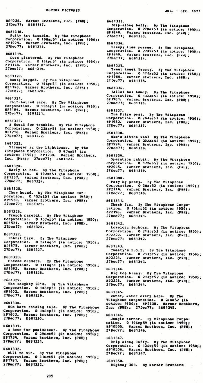 Copyright Catalog columns with timely Warner Bros. cartoon renewals